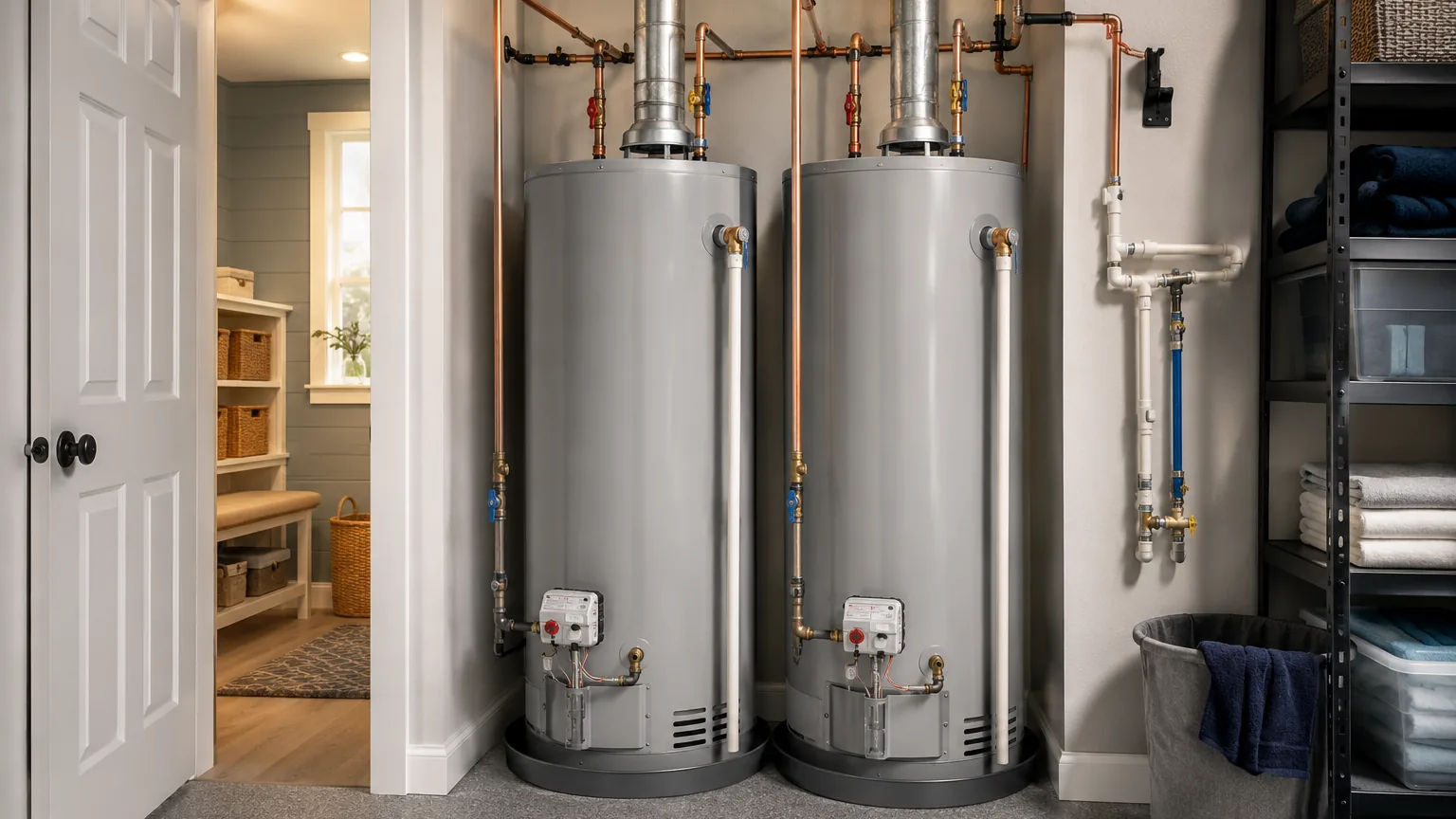 Two tank water heaters installed side by side in a utility room