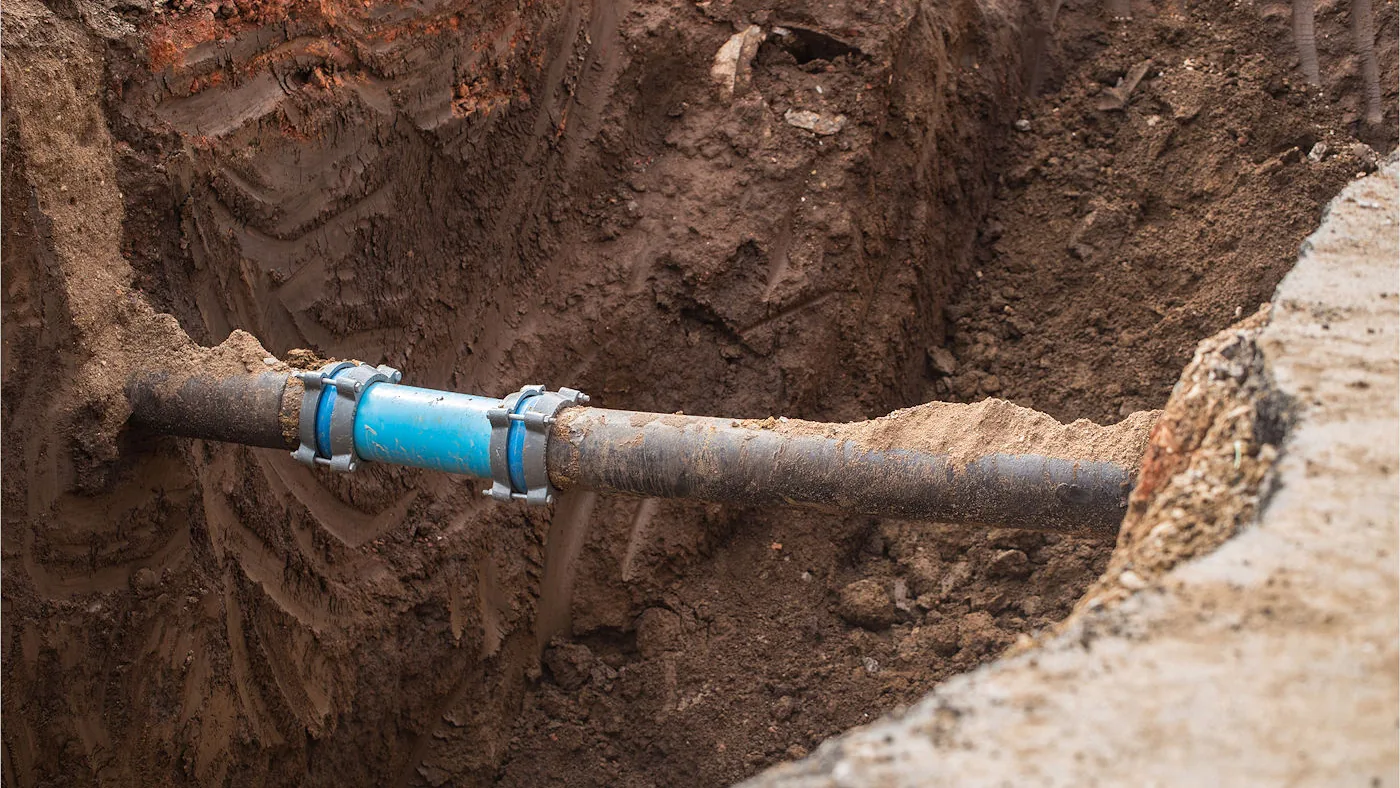 New pipe joined with a coupling in an open trench