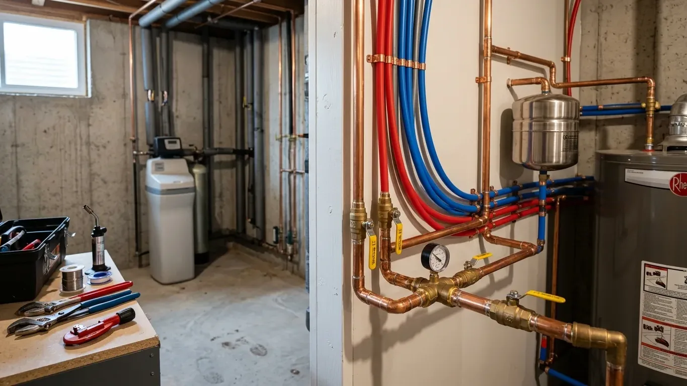 Basement utility corner with copper and PEX water lines running to the equipment