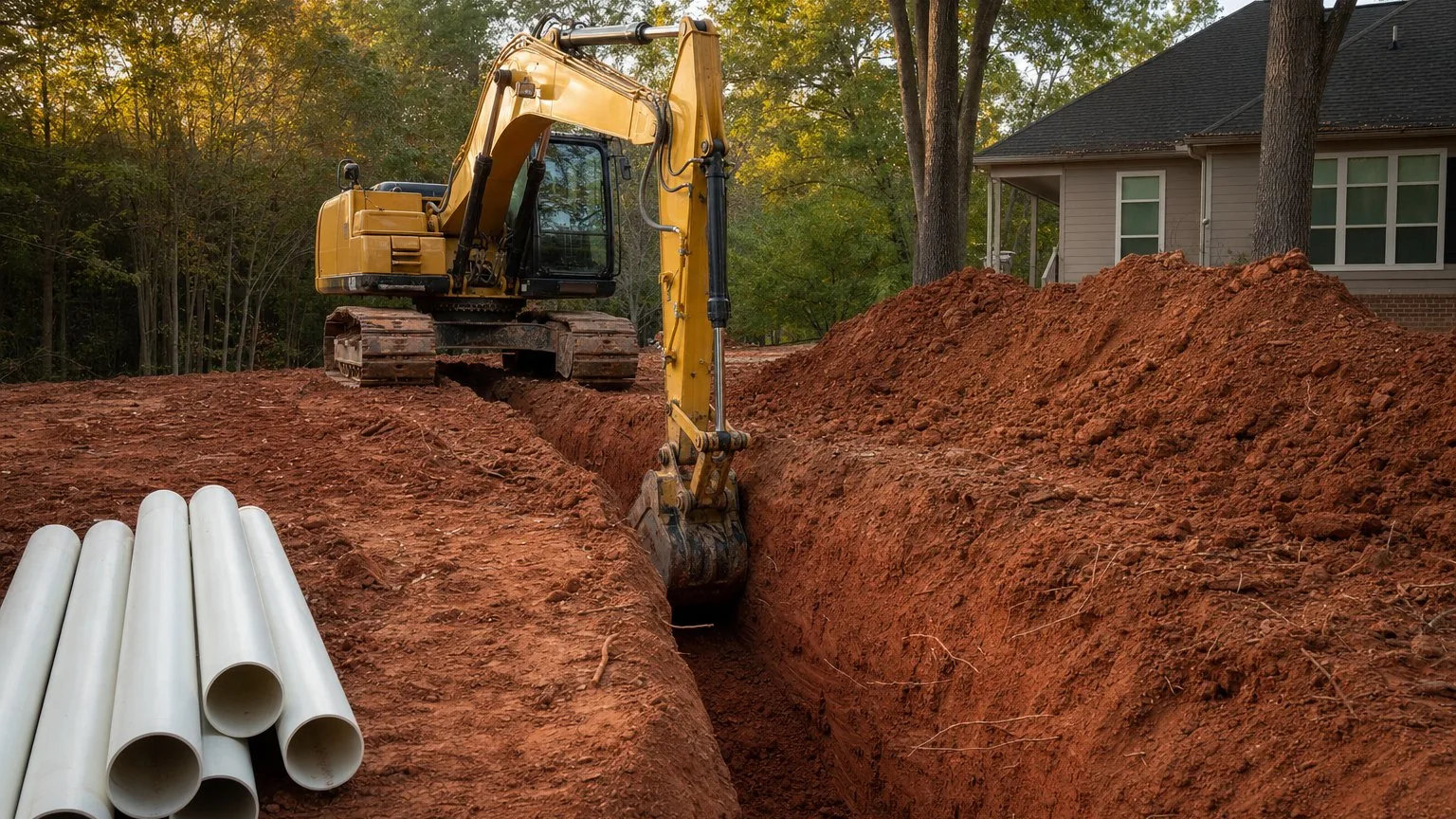 Excavator digging a pipe trench with new PVC pipe stacked ready to lay